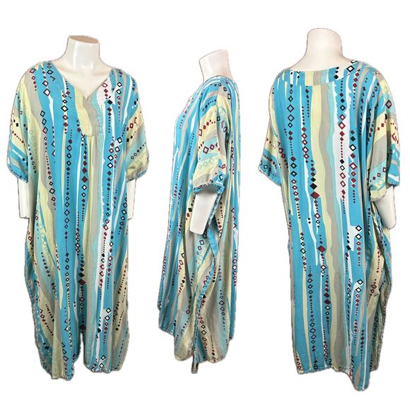 Blue Geometric Diamond Stripe Caftan Dress Beach Cover Up / One size * - Picture 3 of 4